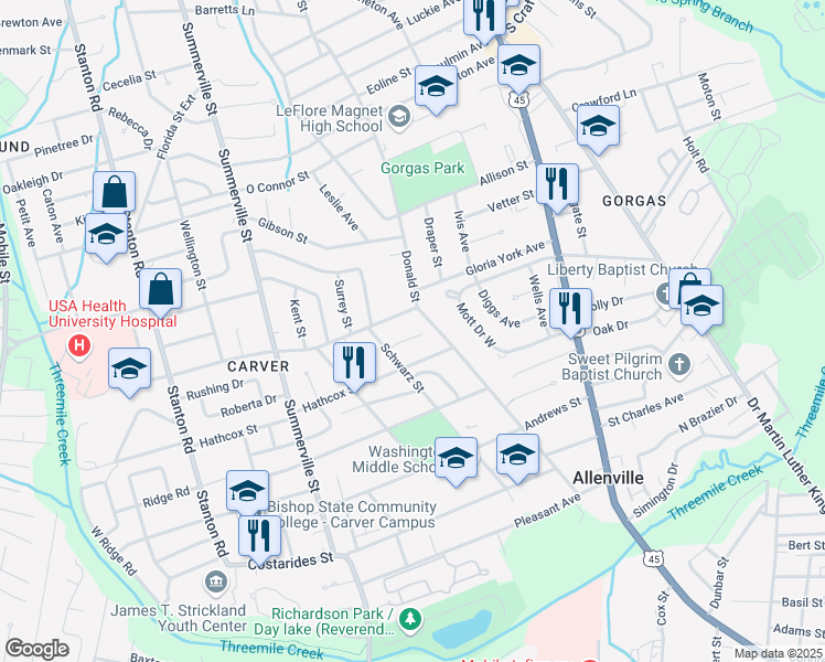 map of restaurants, bars, coffee shops, grocery stores, and more near 1956 Harvey Court in Mobile