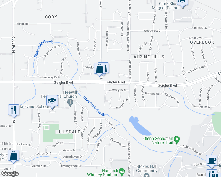 map of restaurants, bars, coffee shops, grocery stores, and more near 6470 Waverly Drive North in Mobile