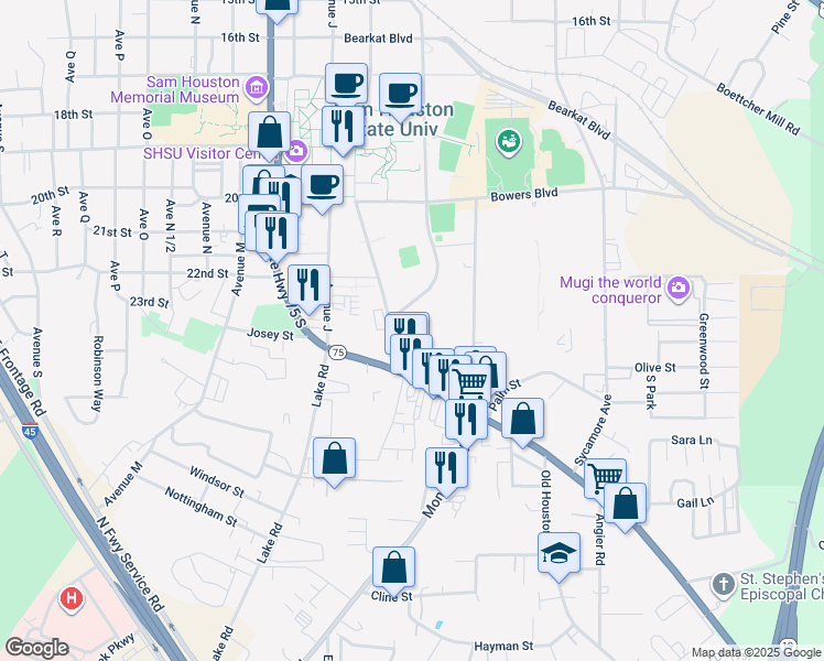map of restaurants, bars, coffee shops, grocery stores, and more near 2327 Avenue I in Huntsville