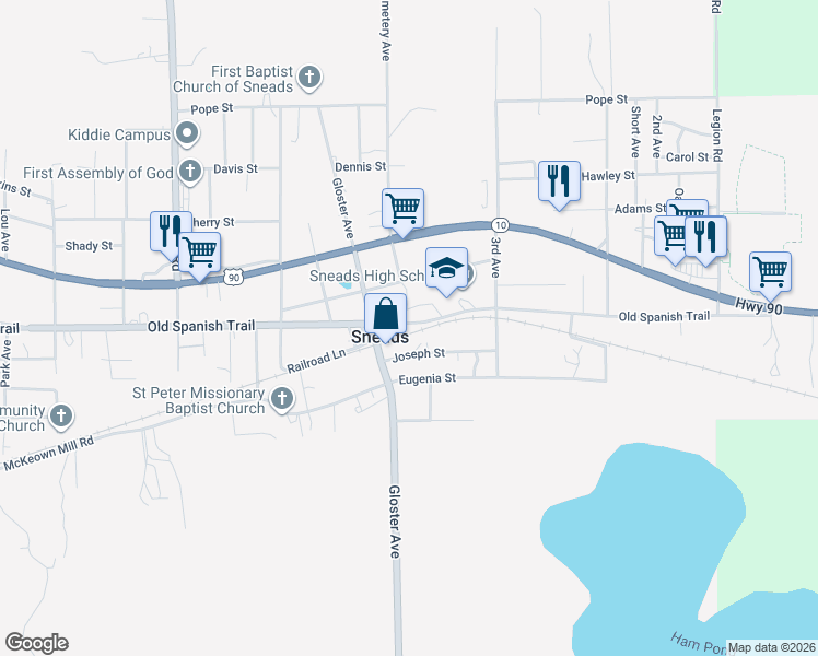 map of restaurants, bars, coffee shops, grocery stores, and more near 8053 Old Spanish Trail in Sneads