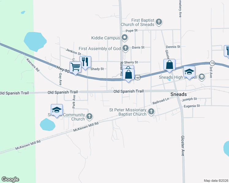 map of restaurants, bars, coffee shops, grocery stores, and more near 8053-8081 Old Spanish Trail in Sneads