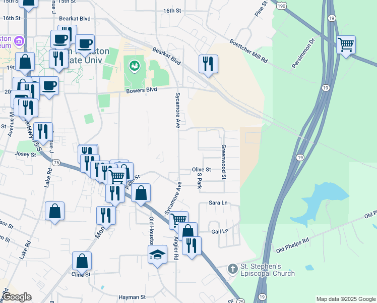 map of restaurants, bars, coffee shops, grocery stores, and more near 2311 Sycamore Avenue in Huntsville