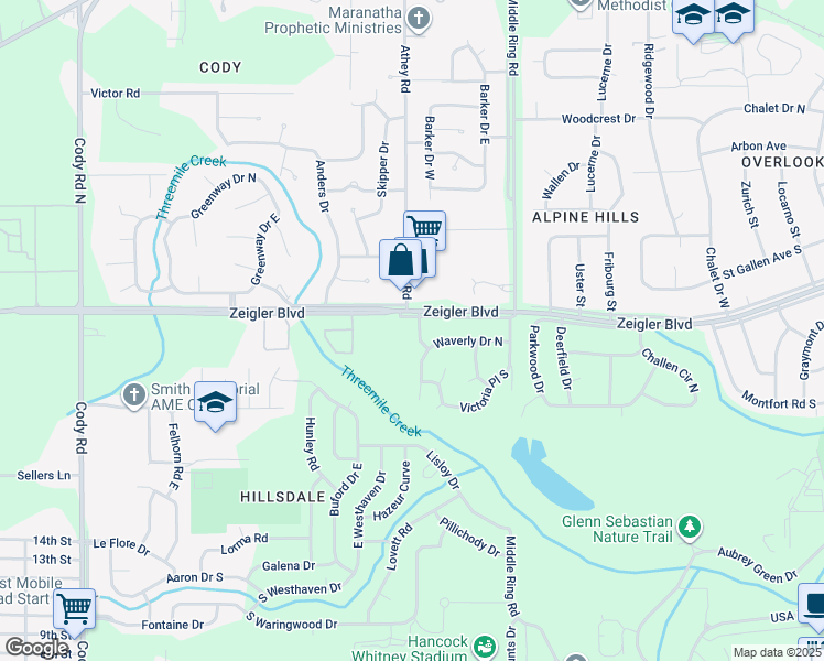 map of restaurants, bars, coffee shops, grocery stores, and more near 959 Adrian Lane in Mobile