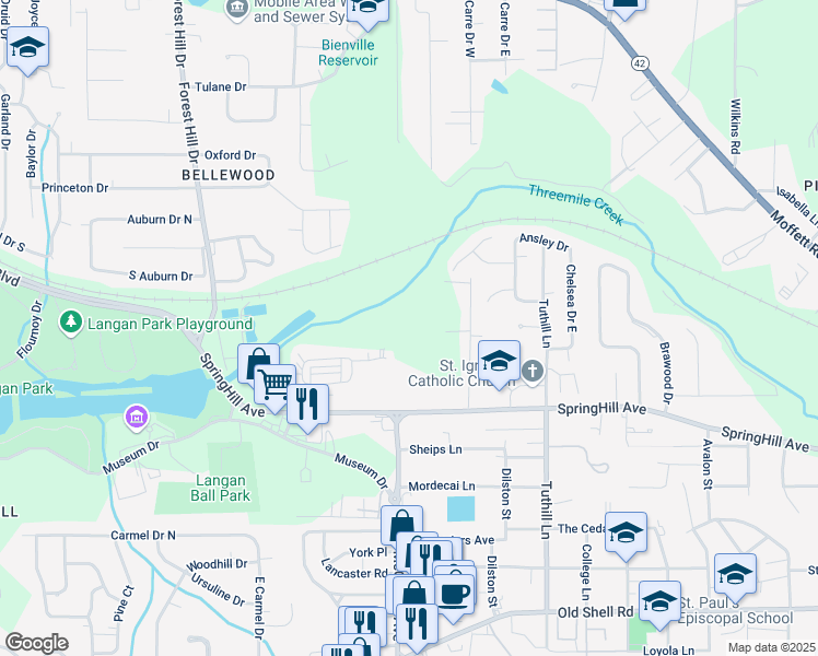 map of restaurants, bars, coffee shops, grocery stores, and more near 3802 Springhill Avenue in Mobile