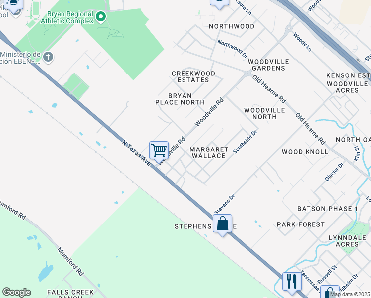 map of restaurants, bars, coffee shops, grocery stores, and more near 4305 Malvern Street in Bryan