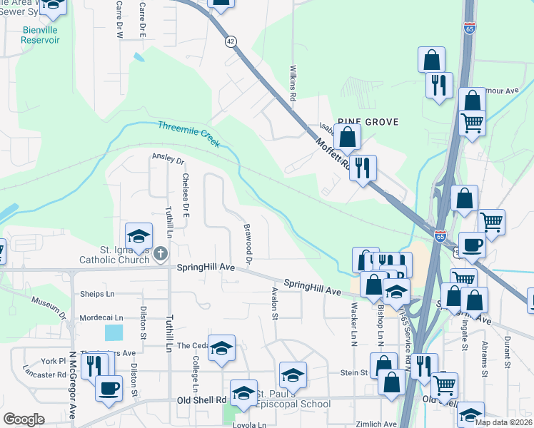 map of restaurants, bars, coffee shops, grocery stores, and more near 578 Springwood Drive North in Mobile