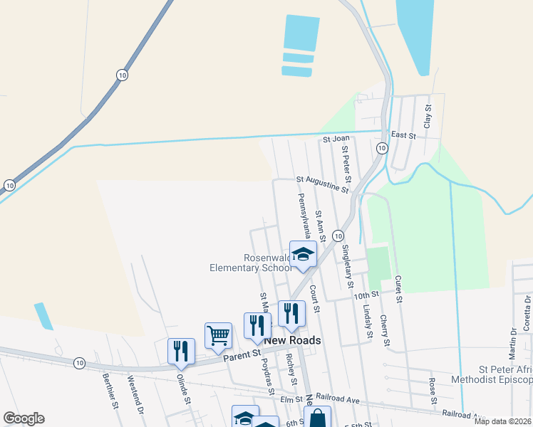 map of restaurants, bars, coffee shops, grocery stores, and more near 1407 Richey Street in New Roads