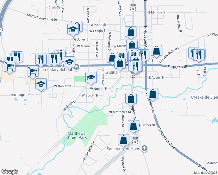 map of restaurants, bars, coffee shops, grocery stores, and more near 507 West Noblitt Street in Livingston