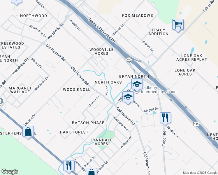 map of restaurants, bars, coffee shops, grocery stores, and more near 3014 Kim Street in Bryan