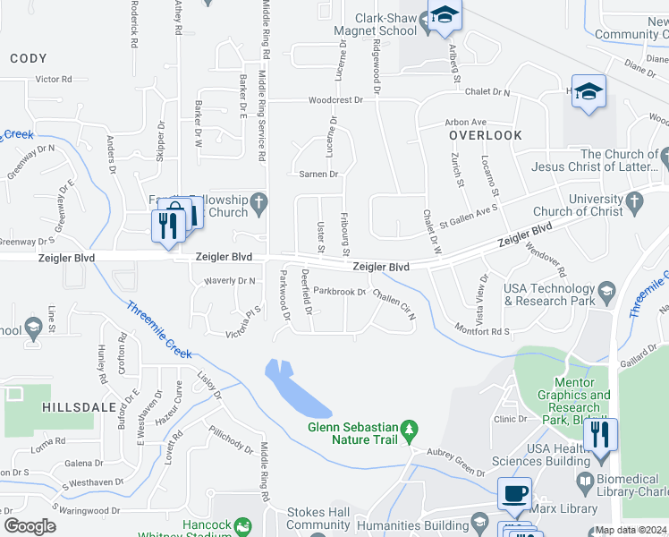 map of restaurants, bars, coffee shops, grocery stores, and more near Parkwood Drive in Mobile