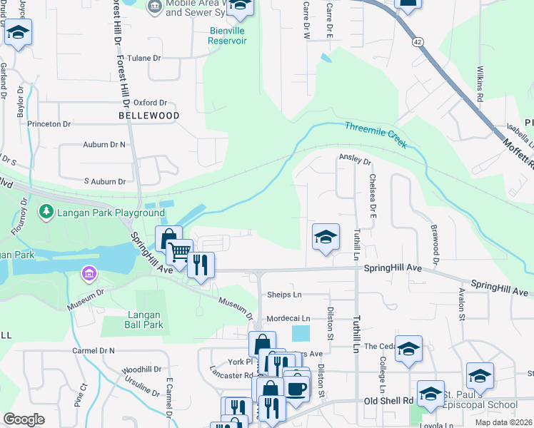 map of restaurants, bars, coffee shops, grocery stores, and more near 3802 Springhill Avenue in Mobile