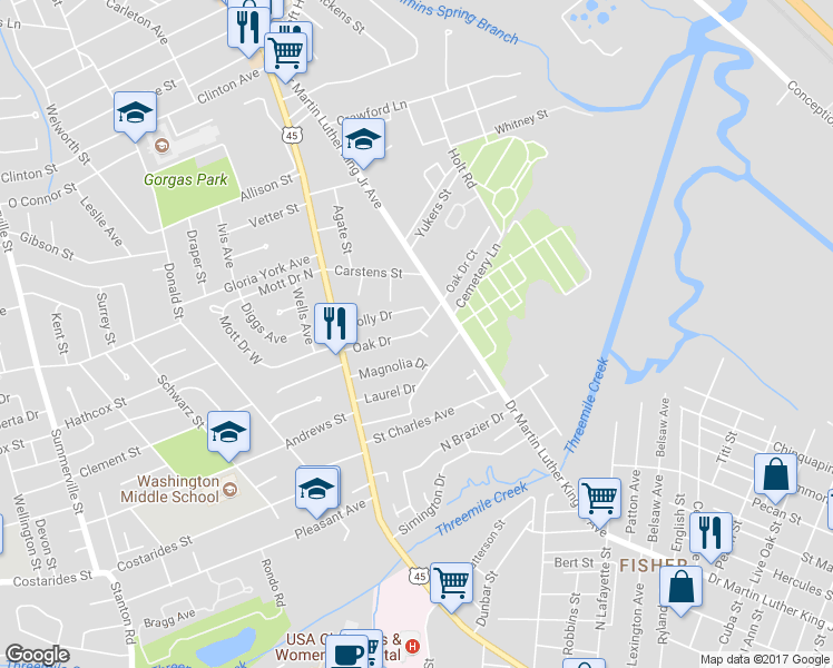 map of restaurants, bars, coffee shops, grocery stores, and more near 321 Oak Drive in Mobile