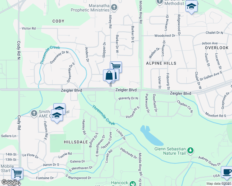 map of restaurants, bars, coffee shops, grocery stores, and more near 6500 Waverly Drive North in Mobile