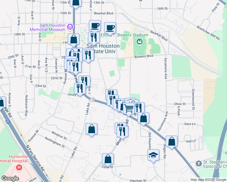 map of restaurants, bars, coffee shops, grocery stores, and more near 2201 Avenue I in Huntsville