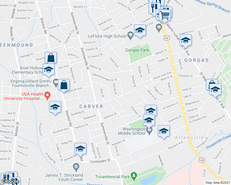map of restaurants, bars, coffee shops, grocery stores, and more near 558 Surrey Street in Mobile