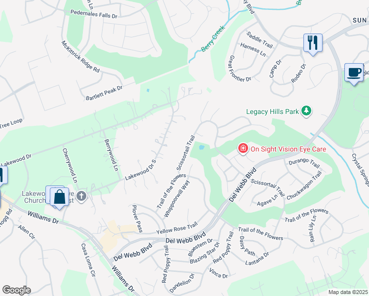 map of restaurants, bars, coffee shops, grocery stores, and more near 118 Scissortail Trail in Georgetown