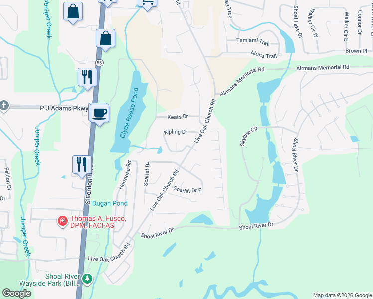 map of restaurants, bars, coffee shops, grocery stores, and more near 134 Kipling Drive in Crestview