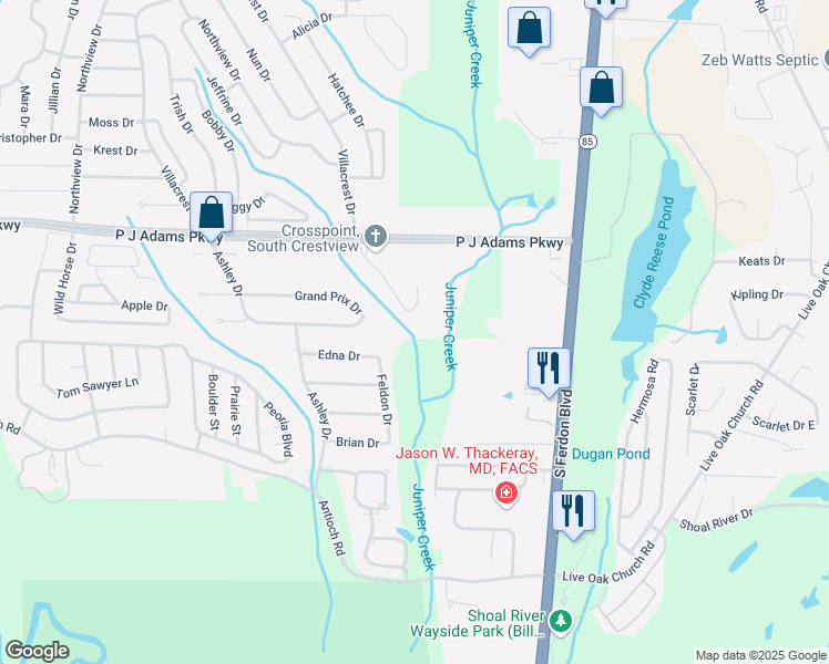 map of restaurants, bars, coffee shops, grocery stores, and more near 317 Key Lime Place in Crestview