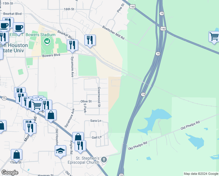 map of restaurants, bars, coffee shops, grocery stores, and more near 227 Oak Lawn Street in Huntsville