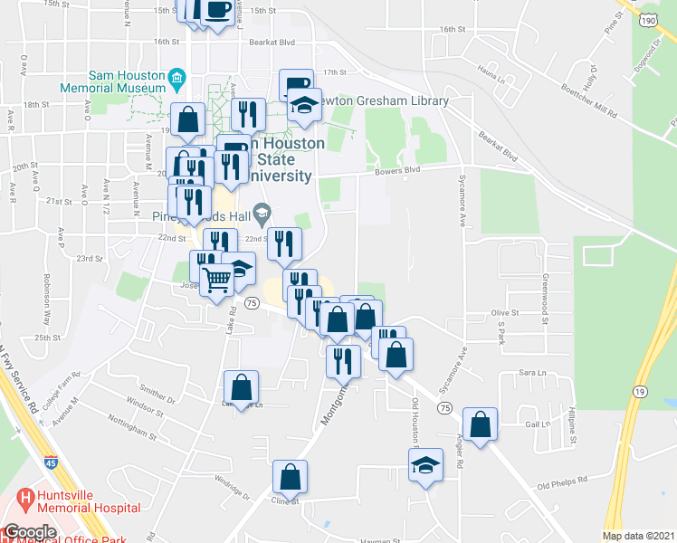 map of restaurants, bars, coffee shops, grocery stores, and more near 2456 Montgomery Road in Huntsville
