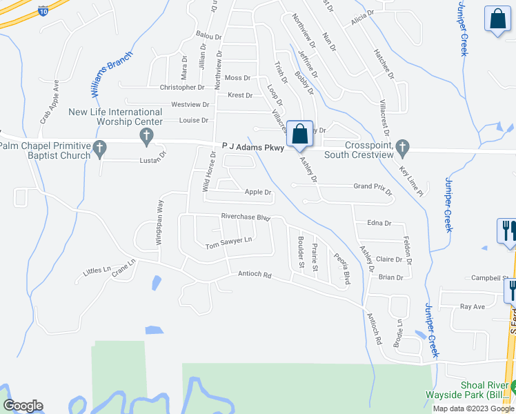 map of restaurants, bars, coffee shops, grocery stores, and more near 442 Apple Drive in Crestview