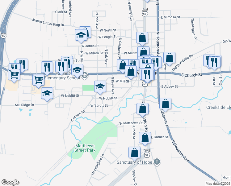 map of restaurants, bars, coffee shops, grocery stores, and more near 507 West Noblitt Street in Livingston