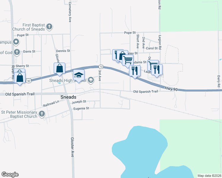 map of restaurants, bars, coffee shops, grocery stores, and more near 8118 Old Spanish Trail in Sneads