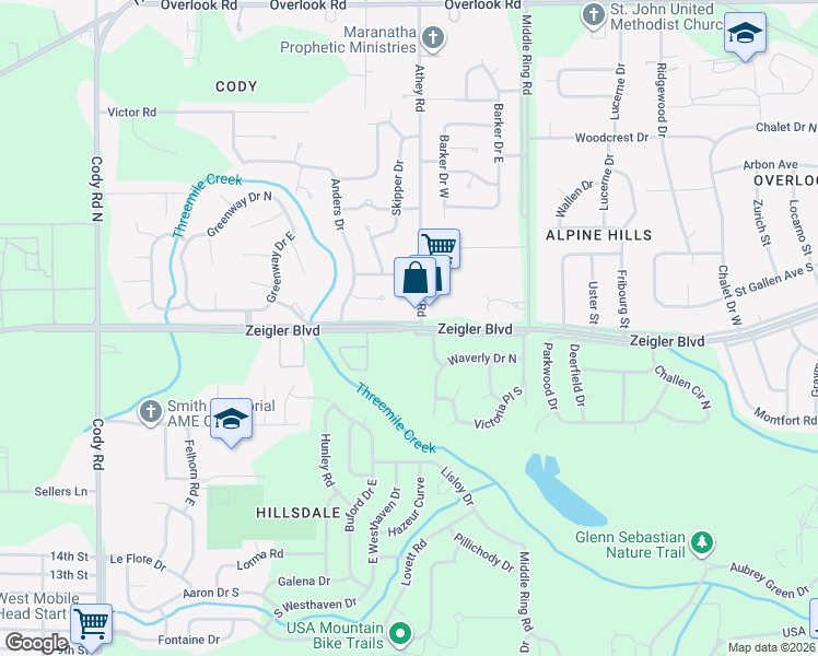 map of restaurants, bars, coffee shops, grocery stores, and more near 6553 Zeigler Blvd in Mobile