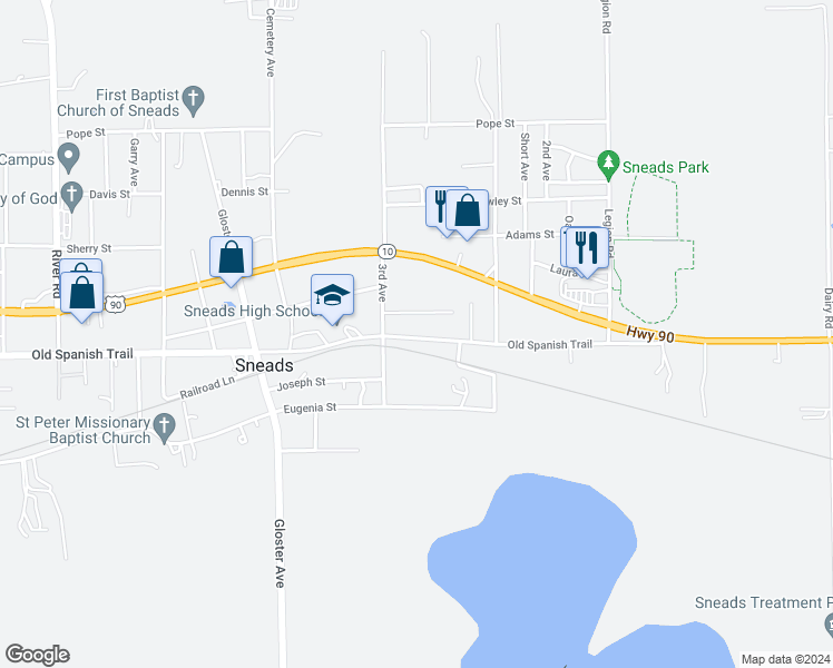 map of restaurants, bars, coffee shops, grocery stores, and more near 8114 Old Spanish Trail in Sneads