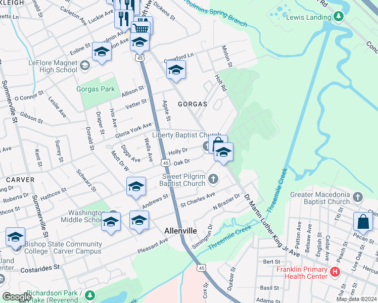 map of restaurants, bars, coffee shops, grocery stores, and more near 304 Holly Drive in Mobile