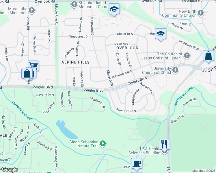 map of restaurants, bars, coffee shops, grocery stores, and more near 6100-6104 South Street Gallen Avenue in Mobile