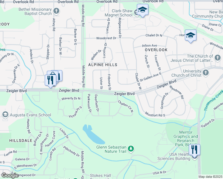map of restaurants, bars, coffee shops, grocery stores, and more near 1000 Fribourg Street in Mobile