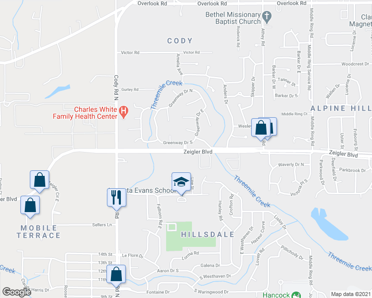 map of restaurants, bars, coffee shops, grocery stores, and more near 1003 Greenway Drive in Mobile