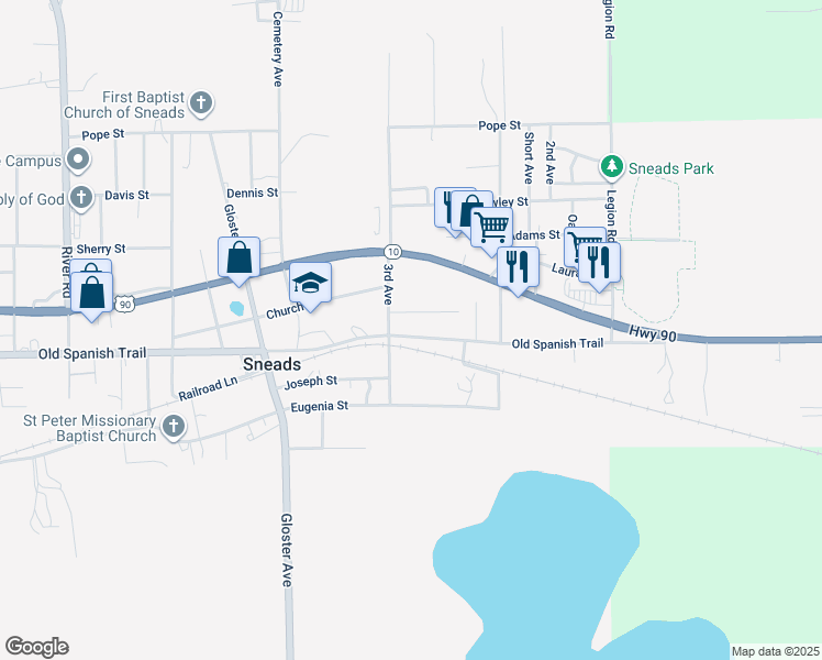 map of restaurants, bars, coffee shops, grocery stores, and more near 8108 Old Spanish Trail in Sneads
