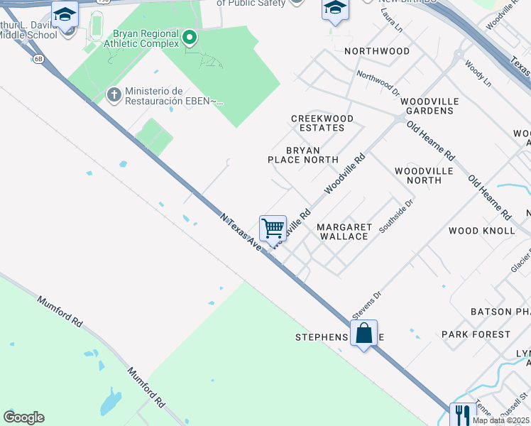 map of restaurants, bars, coffee shops, grocery stores, and more near 4503 North Texas Avenue in Bryan