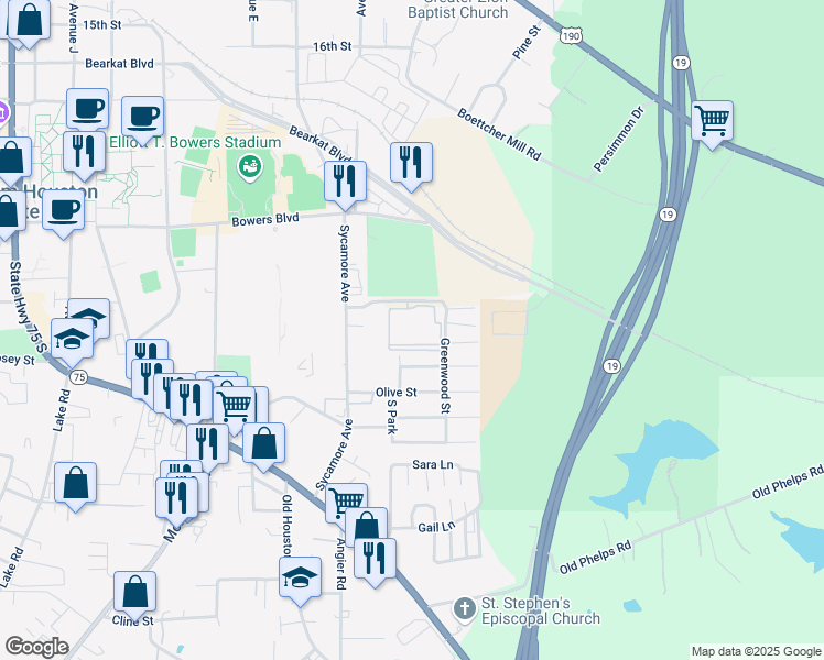 map of restaurants, bars, coffee shops, grocery stores, and more near 2101 Sycamore Avenue in Huntsville