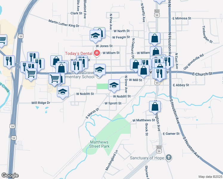 map of restaurants, bars, coffee shops, grocery stores, and more near 100 North Pine Avenue in Livingston