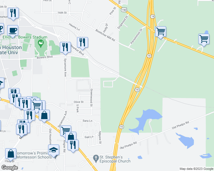 map of restaurants, bars, coffee shops, grocery stores, and more near 147 Varsity Circle in Huntsville