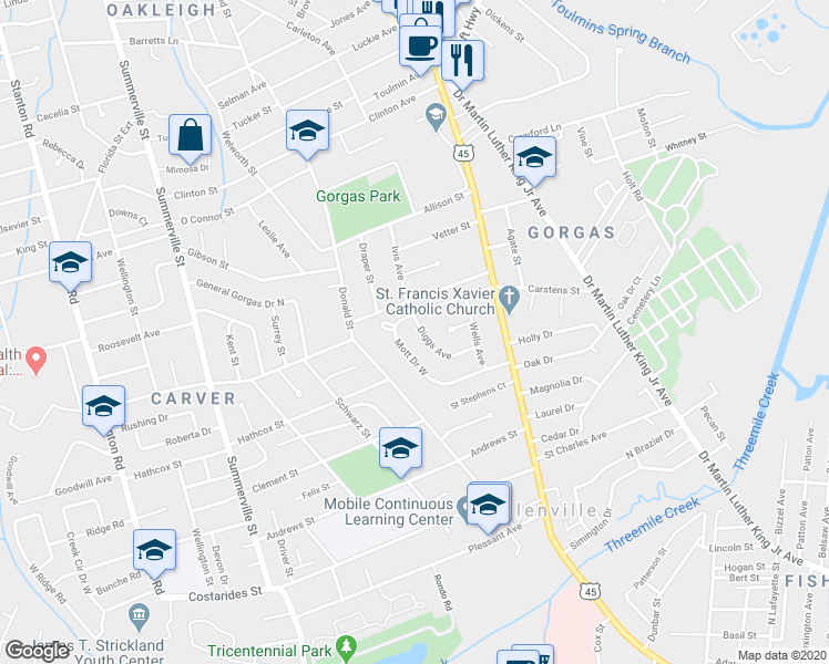 map of restaurants, bars, coffee shops, grocery stores, and more near 2015 Diggs Avenue in Mobile