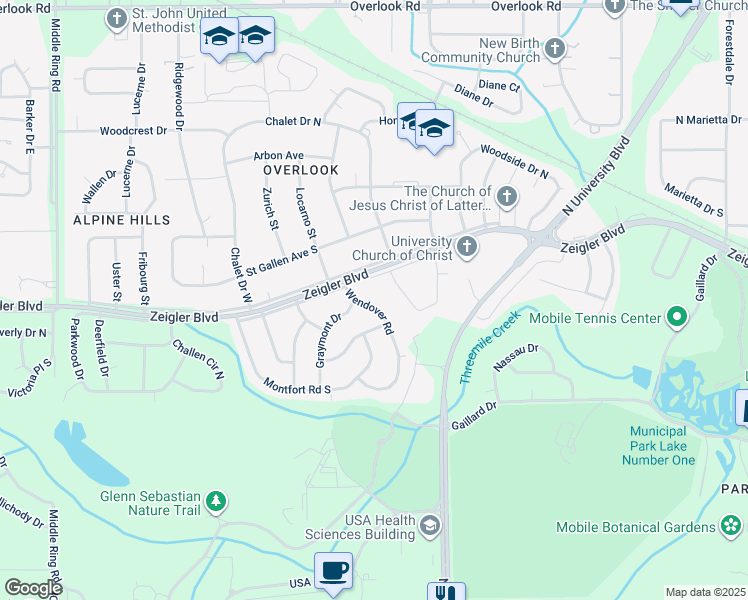map of restaurants, bars, coffee shops, grocery stores, and more near 5809 Zeigler Boulevard in Mobile