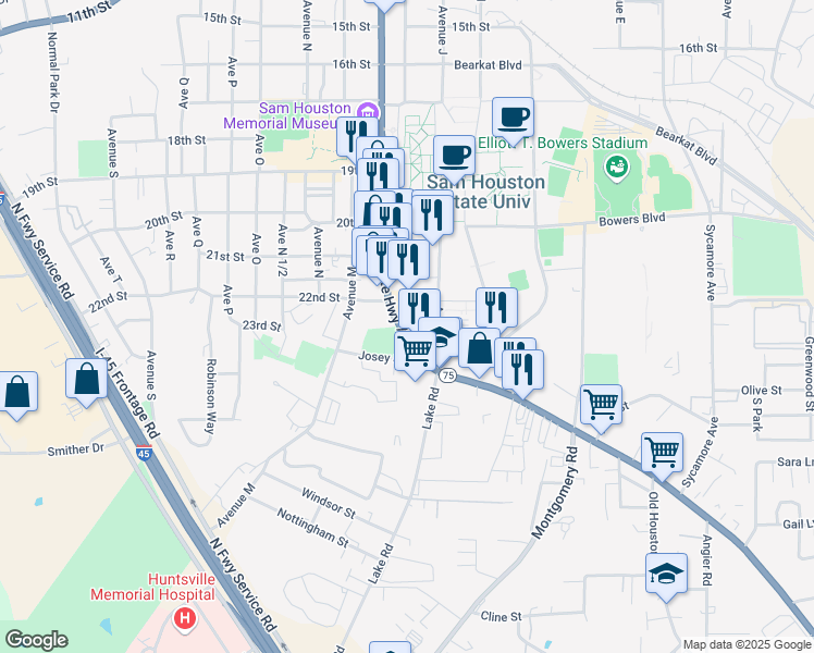 map of restaurants, bars, coffee shops, grocery stores, and more near 2109 Sam Houston Avenue in Huntsville