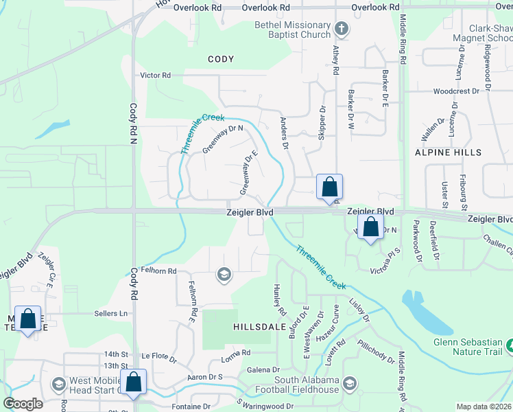 map of restaurants, bars, coffee shops, grocery stores, and more near 6724 Carnegie Street in Mobile