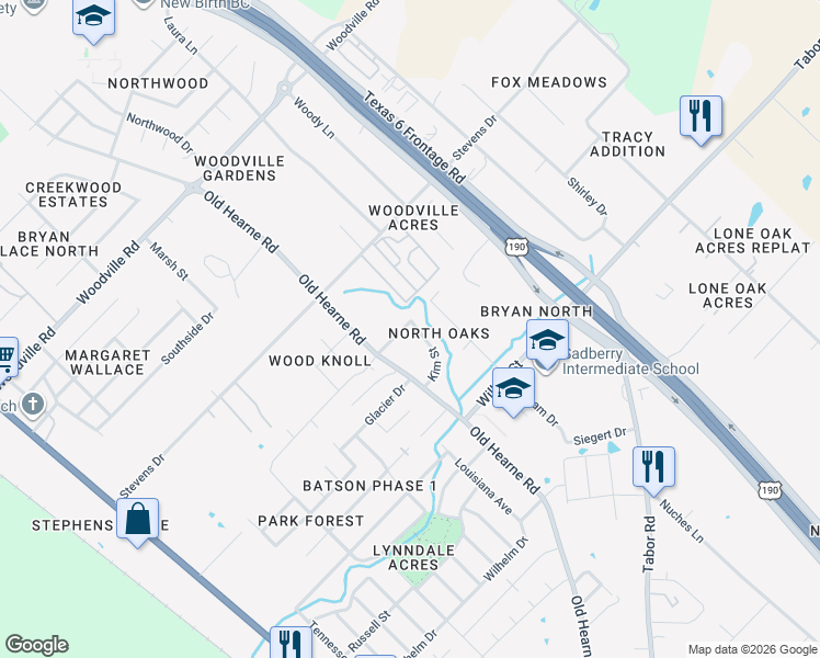 map of restaurants, bars, coffee shops, grocery stores, and more near 3017 Candy Lane in Bryan