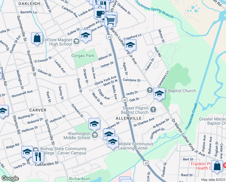 map of restaurants, bars, coffee shops, grocery stores, and more near 2013 Wells Avenue in Mobile