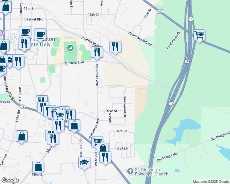 map of restaurants, bars, coffee shops, grocery stores, and more near 2201 Sycamore Avenue in Huntsville
