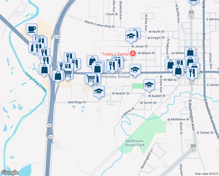 map of restaurants, bars, coffee shops, grocery stores, and more near 1025 West Church Street in Livingston