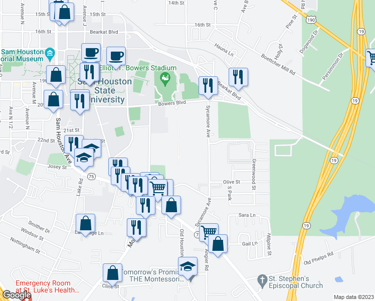 map of restaurants, bars, coffee shops, grocery stores, and more near 2300 Sycamore Avenue in Huntsville
