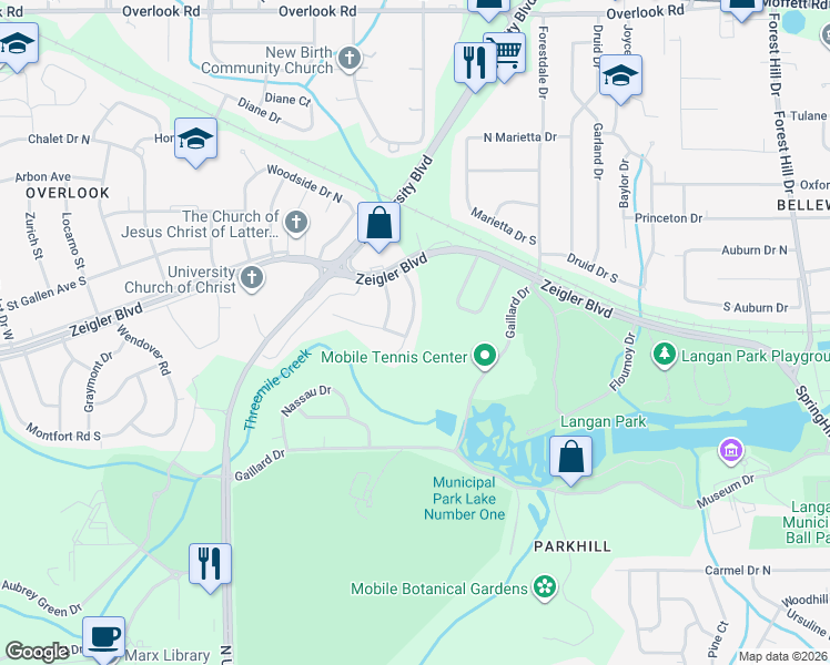 map of restaurants, bars, coffee shops, grocery stores, and more near 906 Memory Lane in Mobile