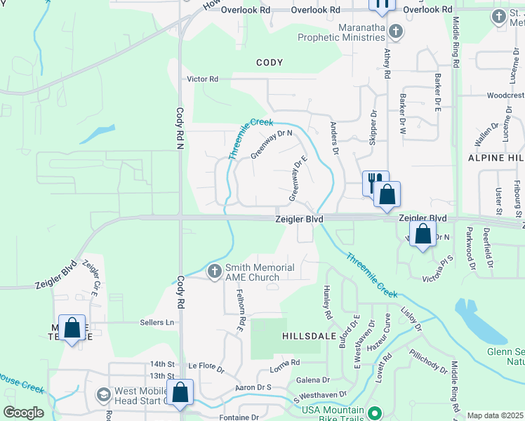 map of restaurants, bars, coffee shops, grocery stores, and more near 6820 Greenway Drive East in Mobile