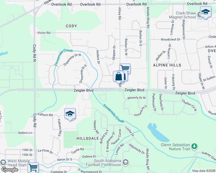 map of restaurants, bars, coffee shops, grocery stores, and more near 6653 Lorena Drive in Mobile